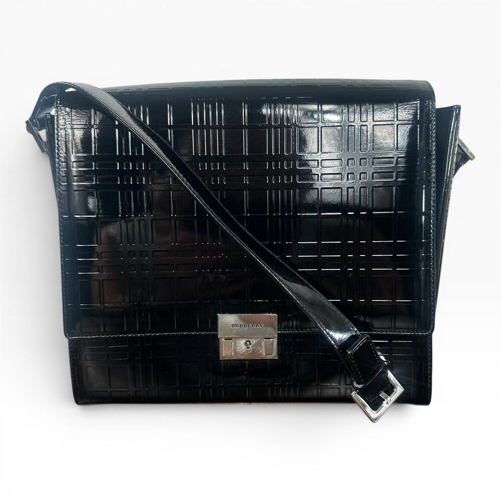 Burberry Shoulder Bag Medium Black Patent Leather Checkered Check Plaid Flap